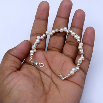 925 sterling silver beaded bracelet with natural pearl, unisex jewelry by Tribal Ornaments, perfect for gifting or everyday wear