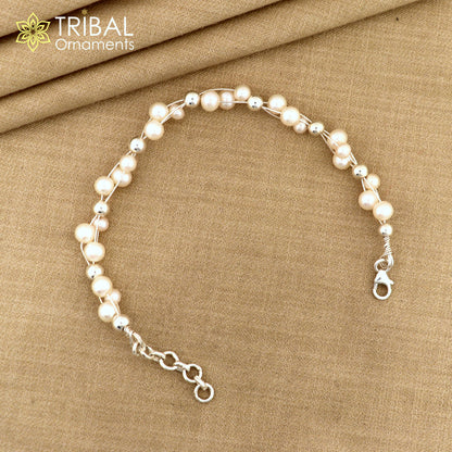 925 sterling silver beaded bracelet with natural pearl accents, unisex jewelry by TRIBAL ORNAMENTS, ideal for gifting