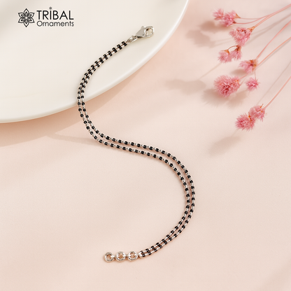 925 sterling silver black beaded and double chain bracelet combo, versatile jewelry for bracelet, anklet, or Mangalsutra wear, TRIBAL ORNAMENTS