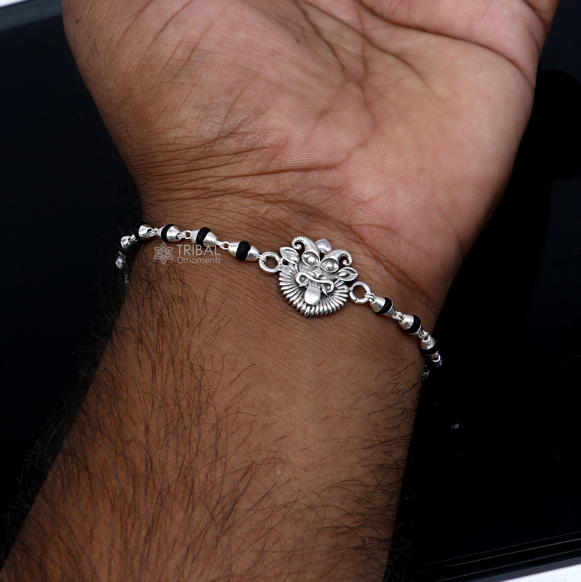 925 sterling silver handmad Evil eye ( nazar battu )design  holy basil rosary beads  Rakhi bracelet, black Tulsi beaded bracelet rk401 - TRIBAL ORNAMENTS