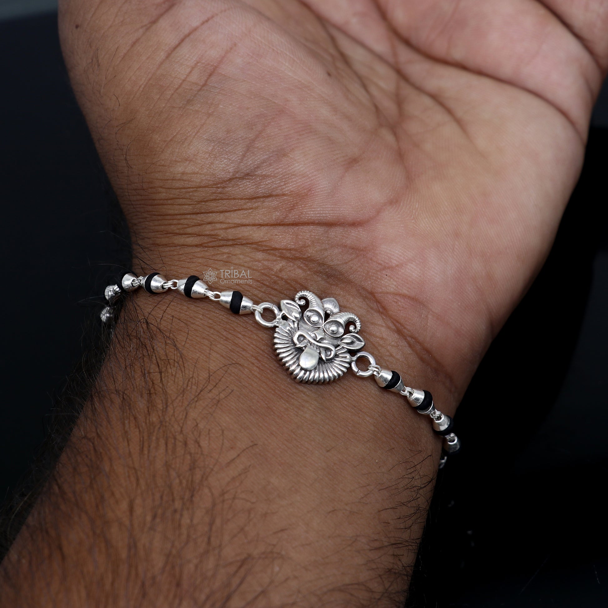 925 sterling silver handmad Evil eye ( nazar battu )design  holy basil rosary beads  Rakhi bracelet, black Tulsi beaded bracelet rk401 - TRIBAL ORNAMENTS