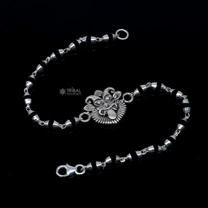 925 sterling silver handmad Evil eye ( nazar battu )design  holy basil rosary beads  Rakhi bracelet, black Tulsi beaded bracelet rk401 - TRIBAL ORNAMENTS