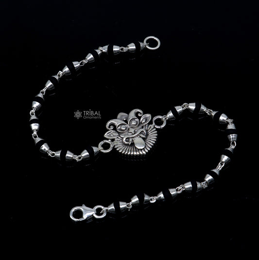 925 sterling silver handmad Evil eye ( nazar battu )design  holy basil rosary beads  Rakhi bracelet, black Tulsi beaded bracelet rk401 - TRIBAL ORNAMENTS
