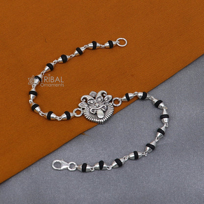 925 sterling silver handmad Evil eye ( nazar battu )design  holy basil rosary beads  Rakhi bracelet, black Tulsi beaded bracelet rk401 - TRIBAL ORNAMENTS