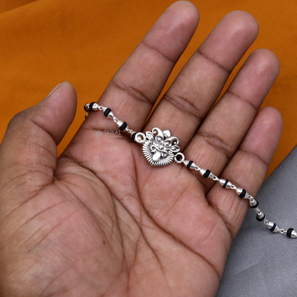 925 sterling silver handmad Evil eye ( nazar battu )design  holy basil rosary beads  Rakhi bracelet, black Tulsi beaded bracelet rk401 - TRIBAL ORNAMENTS