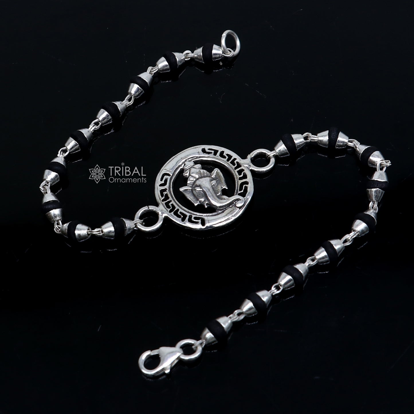 925 sterling silver handmade Lord Ganesha holy basil rosary beads bracelet with black Tulsi beads, crafted by TRIBAL ORNAMENTS.