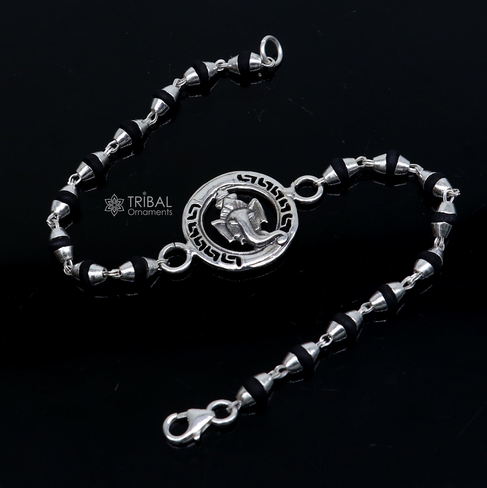 925 sterling silver handmade Lord Ganesha holy basil rosary beads bracelet with black Tulsi beads, crafted by TRIBAL ORNAMENTS.