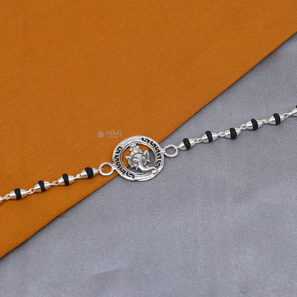 925 sterling silver Lord Ganesha design rosary beads bracelet with black Tulsi beads, handmade by Tribal Ornaments.