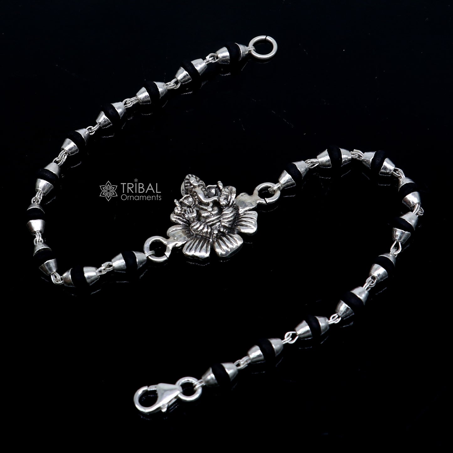 925 sterling silver Lord Ganesha bracelet with flower design and black Tulsi beads, handmade tribal ornament Rakhi rk398.