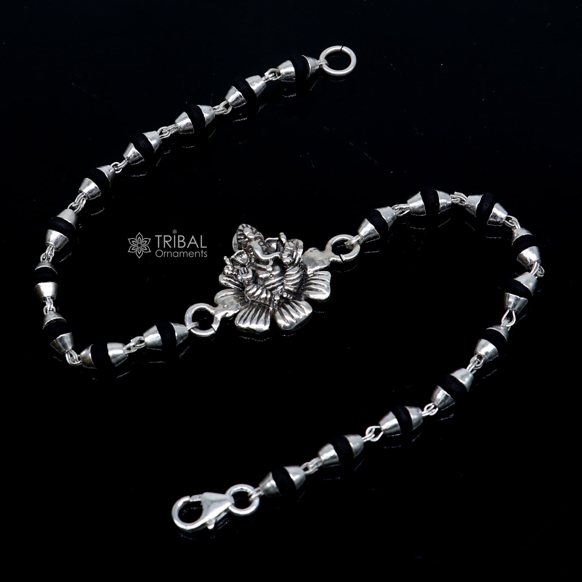 925 sterling silver Lord Ganesha bracelet with flower design and black Tulsi beads, handmade tribal ornament Rakhi rk398.