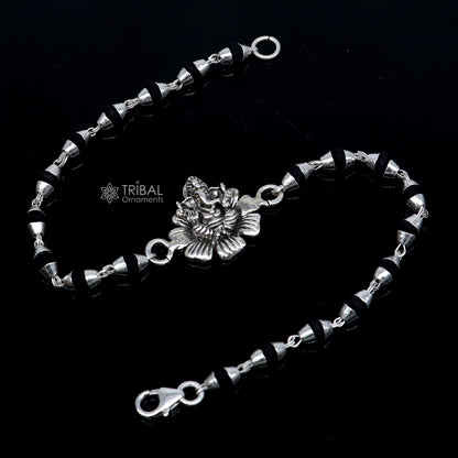 925 sterling silver Lord Ganesha bracelet with flower design and black Tulsi beads, handmade tribal ornament Rakhi rk398.