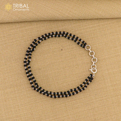 925 Sterling silver 2-layer charm bracelet with black beads, handmade tribal ornaments jewelry for women gift.