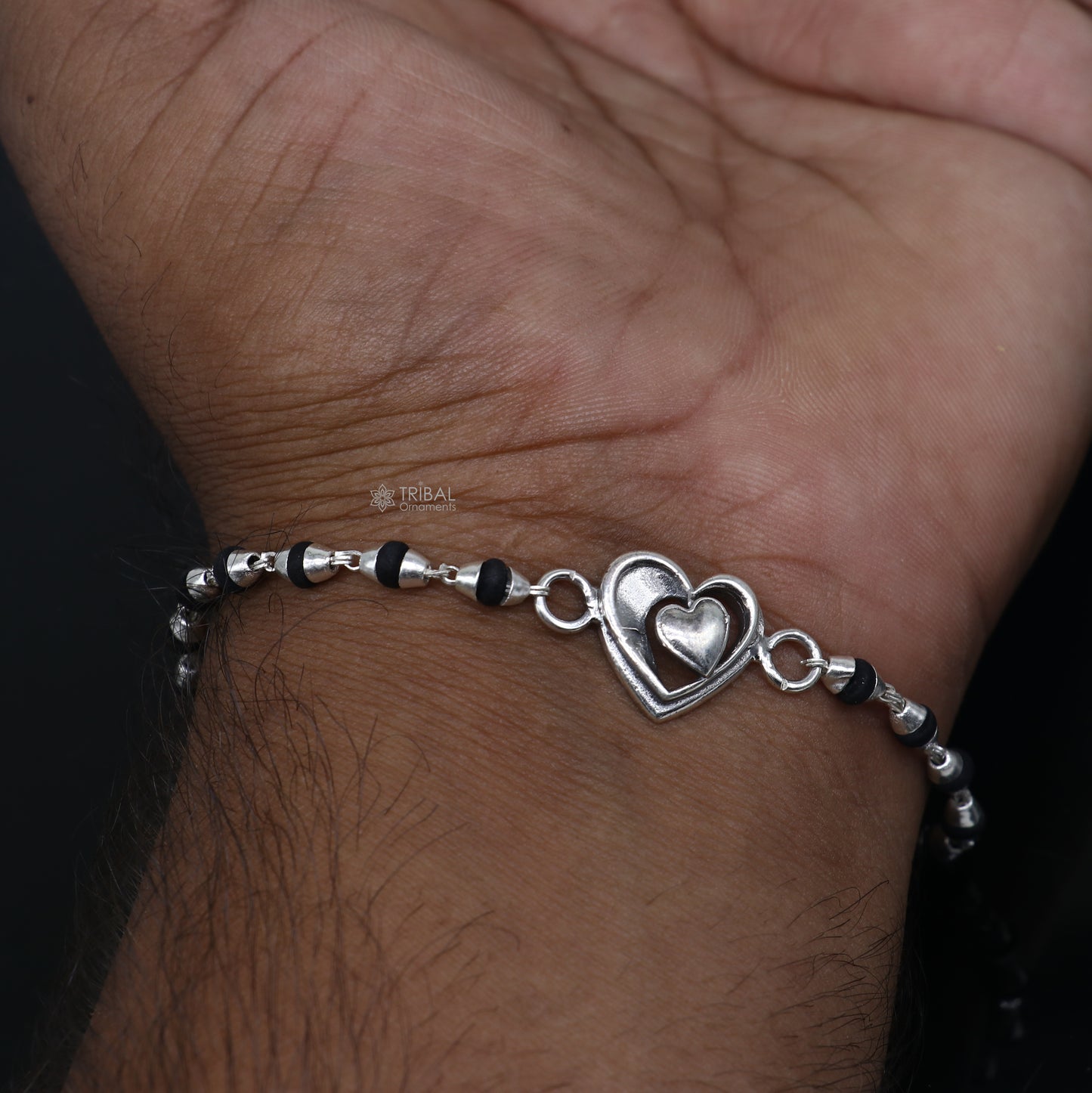 925 Sterling Silver heart design Tulsi beads bracelet with black beads, handmade tribal ornament jewelry, Rakhi RK394.
