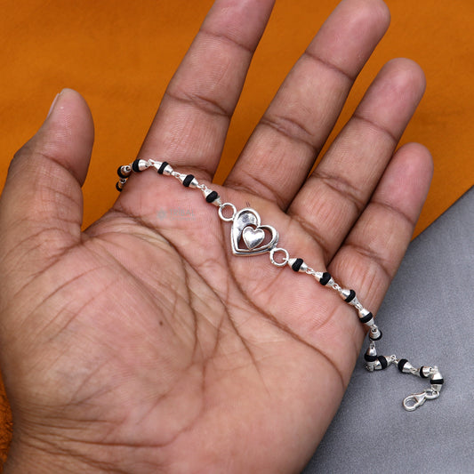 925 Sterling Silver Heart Design Black Tulsi Beads Bracelet with handmade tribal style for rakhi celebration.