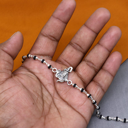 Sterling silver Lord Shiva black Tulsi beaded bracelet with handmade design and holy basil beads, model RK392.