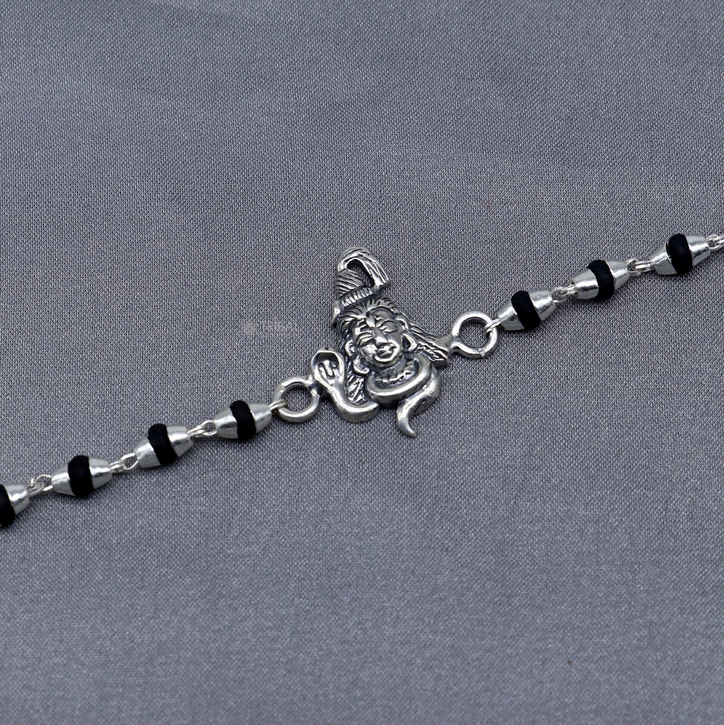 925 sterling silver Lord Shiva black Tulsi beaded bracelet with handmade design and holy basil beads, model RK392.