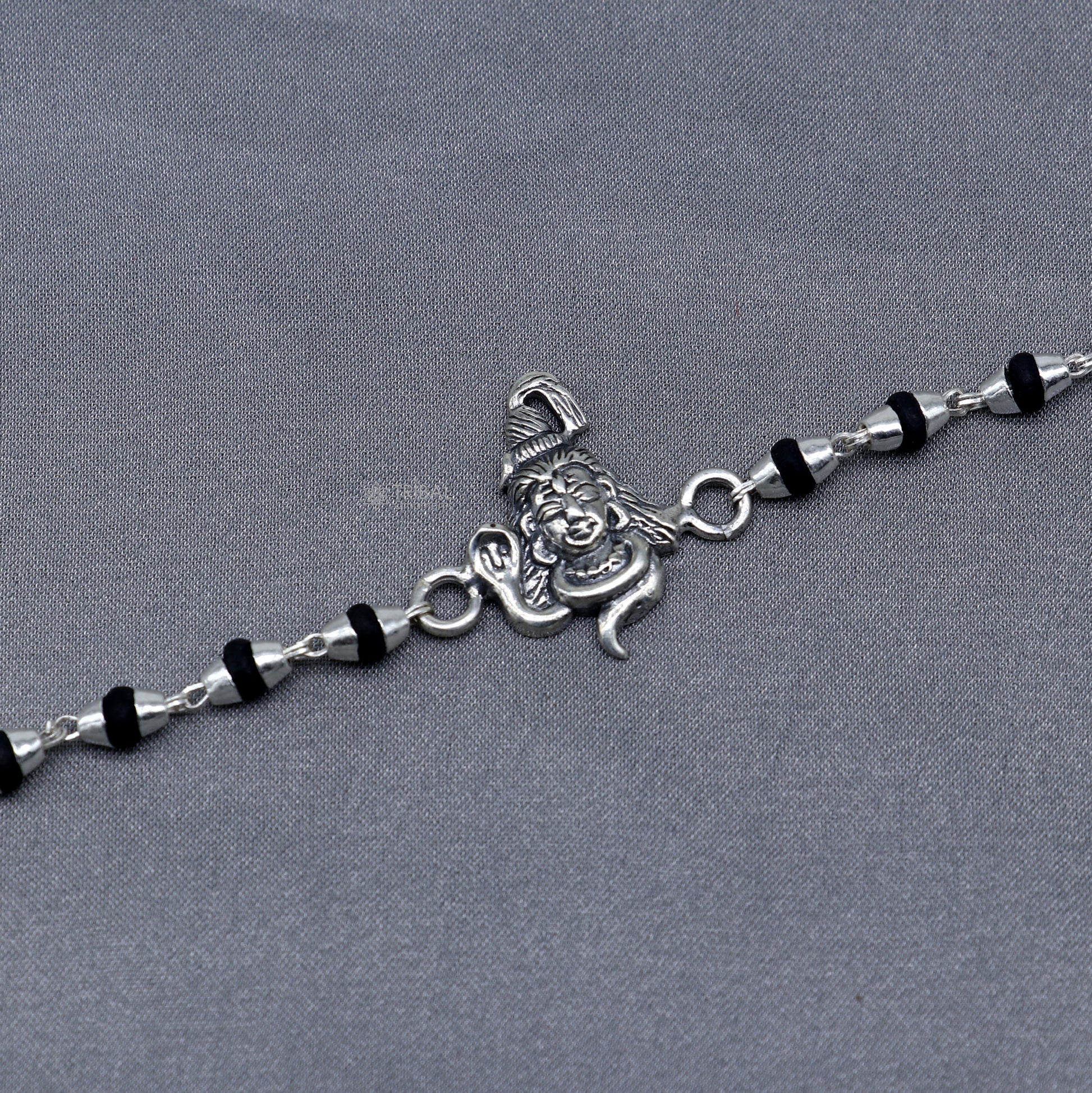 925 sterling silver Lord Shiva black Tulsi beaded bracelet with handmade design and holy basil beads, model RK392.