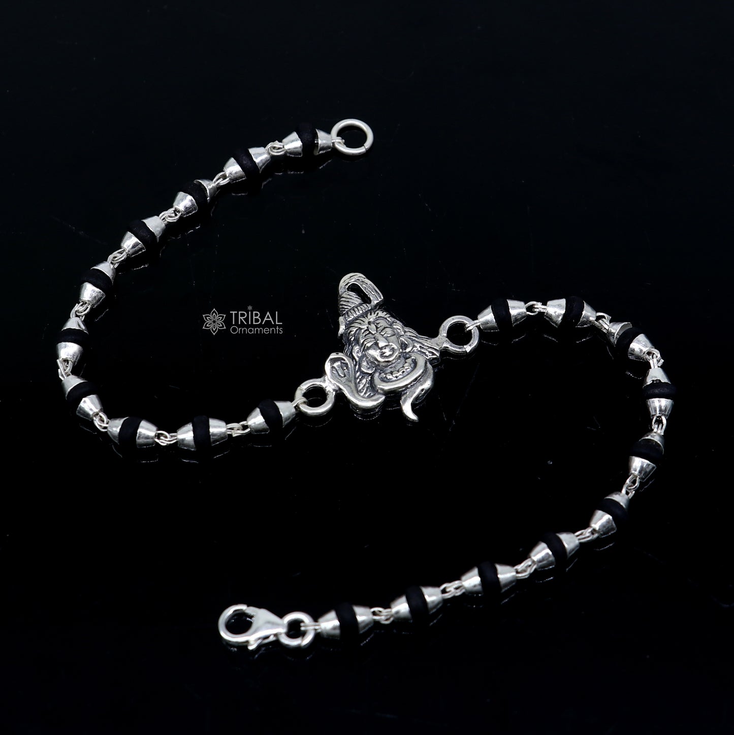 925 silver Lord Shiva black Tulsi beaded bracelet with handmade design and holy basil beads, ideal for traditional Rakhi gifting.