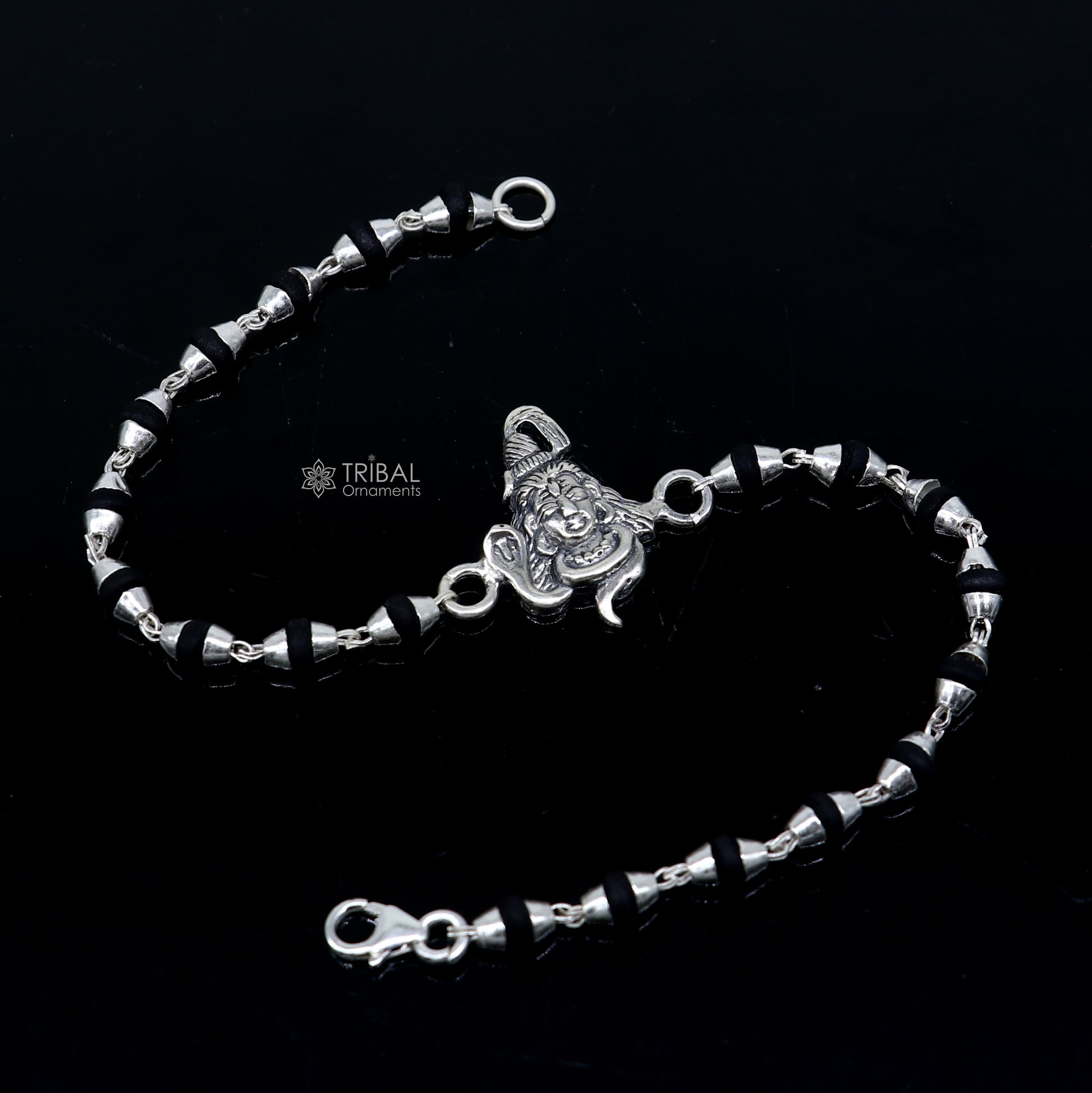 925 silver Lord Shiva black Tulsi beaded bracelet with handmade design and holy basil beads, ideal for traditional Rakhi gifting.