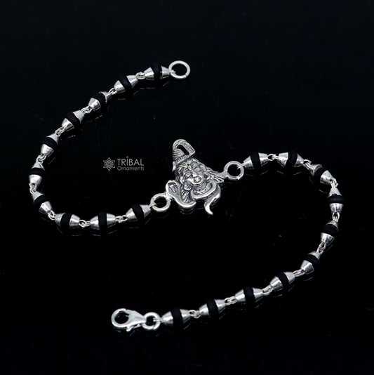 925 silver Lord Shiva black Tulsi beaded bracelet with handmade design and holy basil beads, ideal for traditional Rakhi gifting.