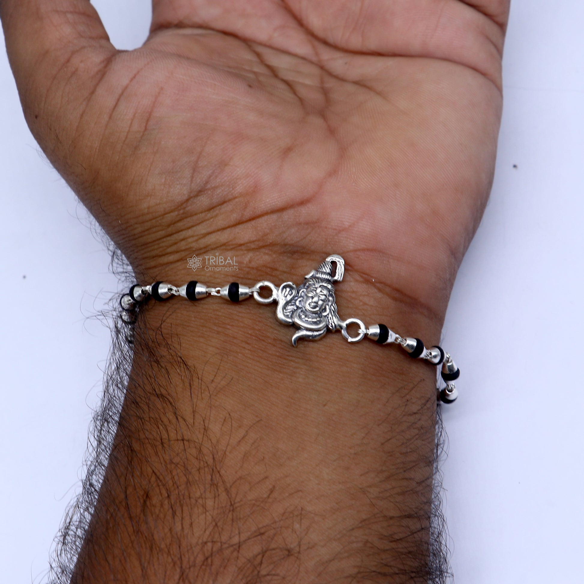 925 sterling silver Lord Shiva black Tulsi beaded bracelet with Holy Basil rosary beads, handmade tribal ornament jewelry.