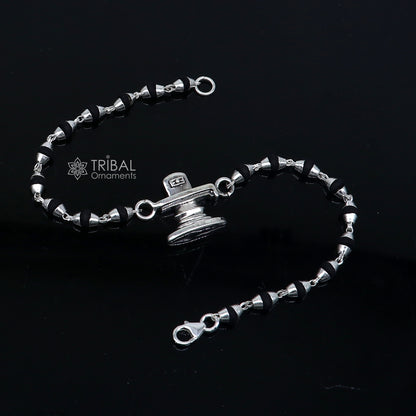 925 silver Lord Shiva Lingam bracelet with black Tulsi beads, handmade by Tribal Ornaments, featuring holy basil rosary beads.