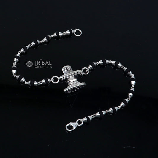 925 silver Lord Shiva Lingam bracelet with black Tulsi beads, handmade by Tribal Ornaments, featuring holy basil rosary beads.