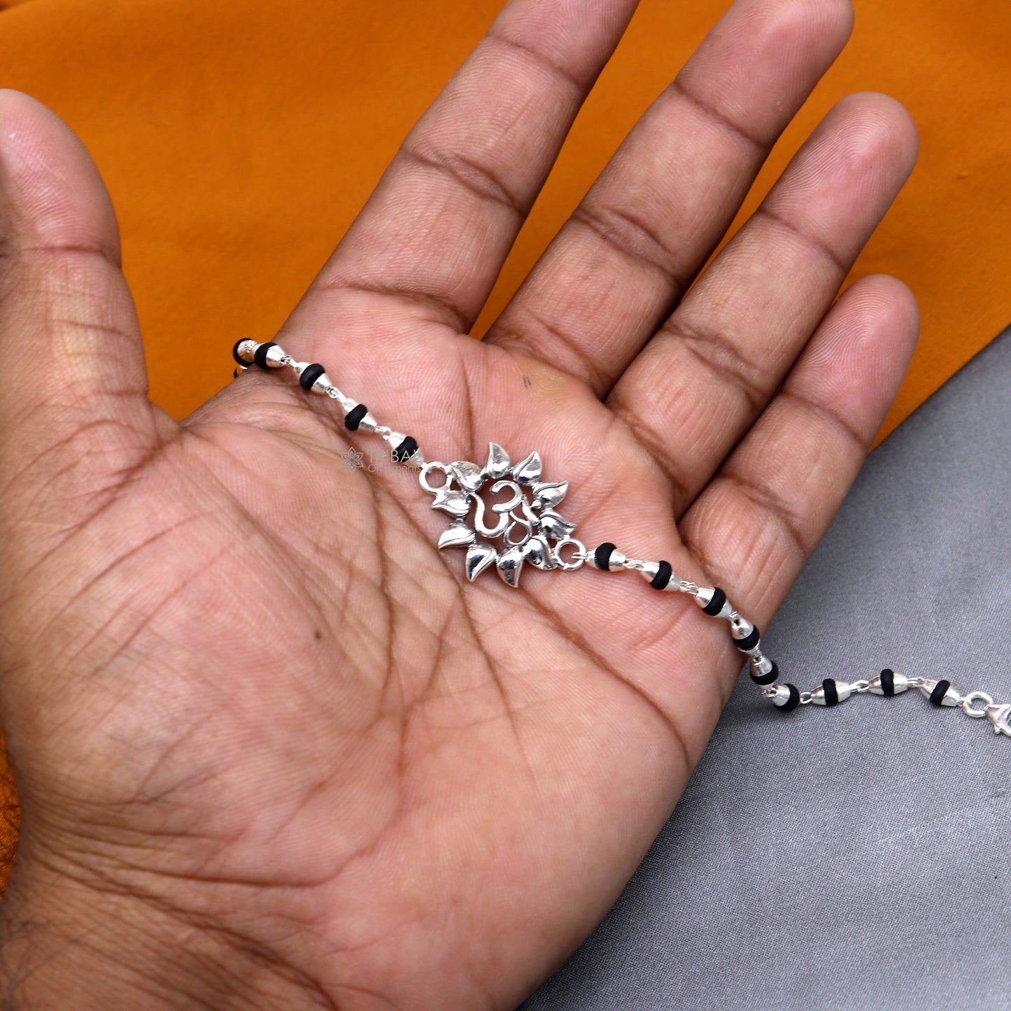 925 sterling silver Om design Shiva mantra bracelet with black Tulsi beads, handmade tribal ornament jewelry.
