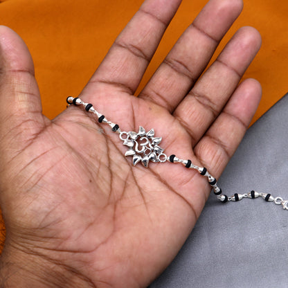 925 sterling silver Om design Shiva mantra bracelet with black Tulsi beads, handmade tribal ornament jewelry.