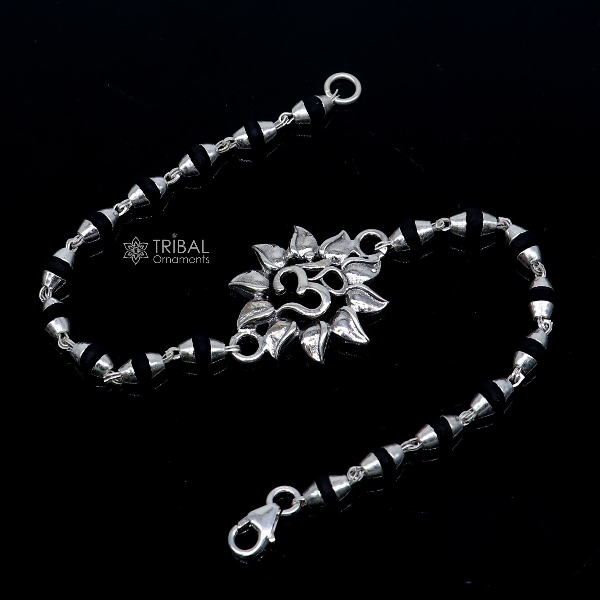 925 sterling silver Om design Shiva mantra bracelet with black Tulsi beads, handmade tribal ornament jewelry for spiritual wear