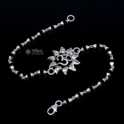 925 sterling silver Om design Shiva mantra bracelet with black Tulsi beads, handmade tribal ornament jewelry for spiritual wear