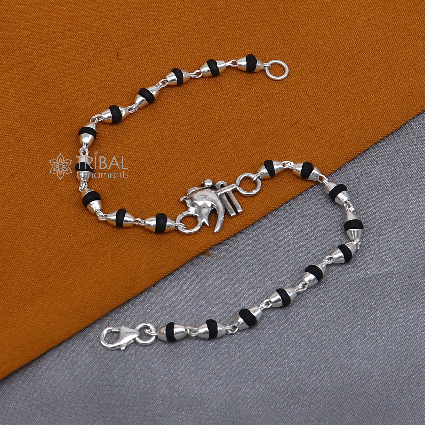 Handmade 925 sterling silver Shree Ganesha holy basil rosary bracelet with black Tulsi beads, crafted by TRIBAL ORNAMENTS.
