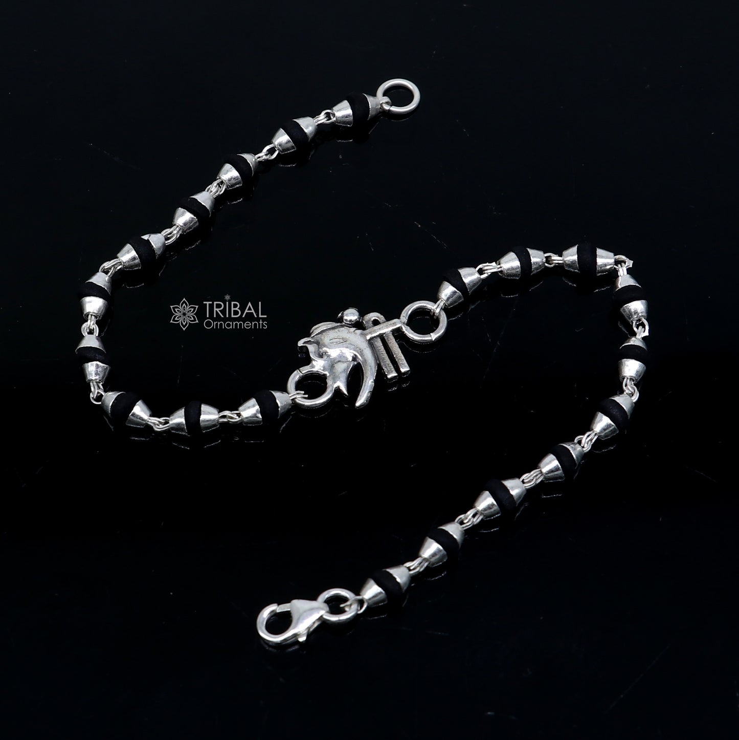 Sterling silver Shree Ganesha holy basil rosary beads bracelet with black Tulsi beads, handmade by Tribal Ornaments.