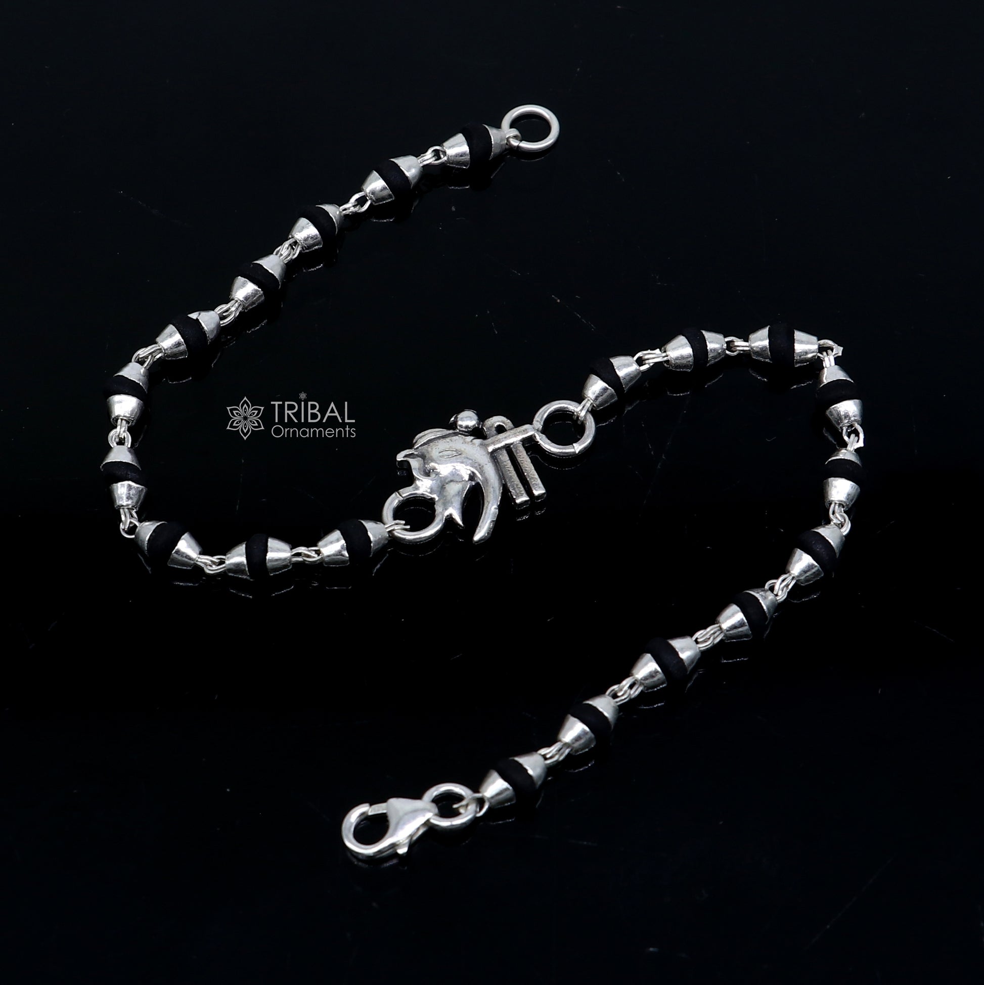 Sterling silver Shree Ganesha holy basil rosary beads bracelet with black Tulsi beads, handmade by Tribal Ornaments.