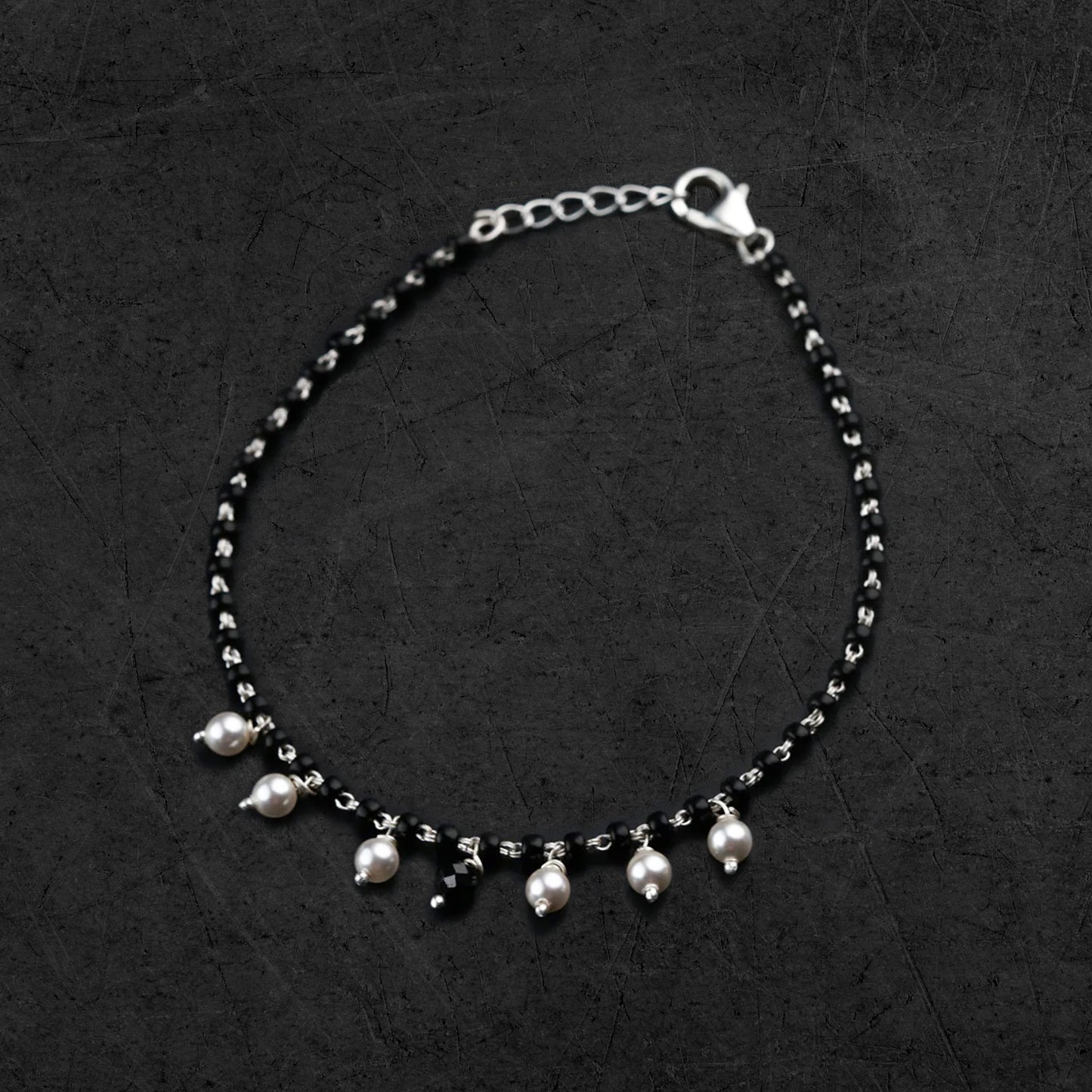 925 sterling silver bracelet with pearl and black beaded chain, versatile jewelry for bracelet, anklet, or mangalsutra style.