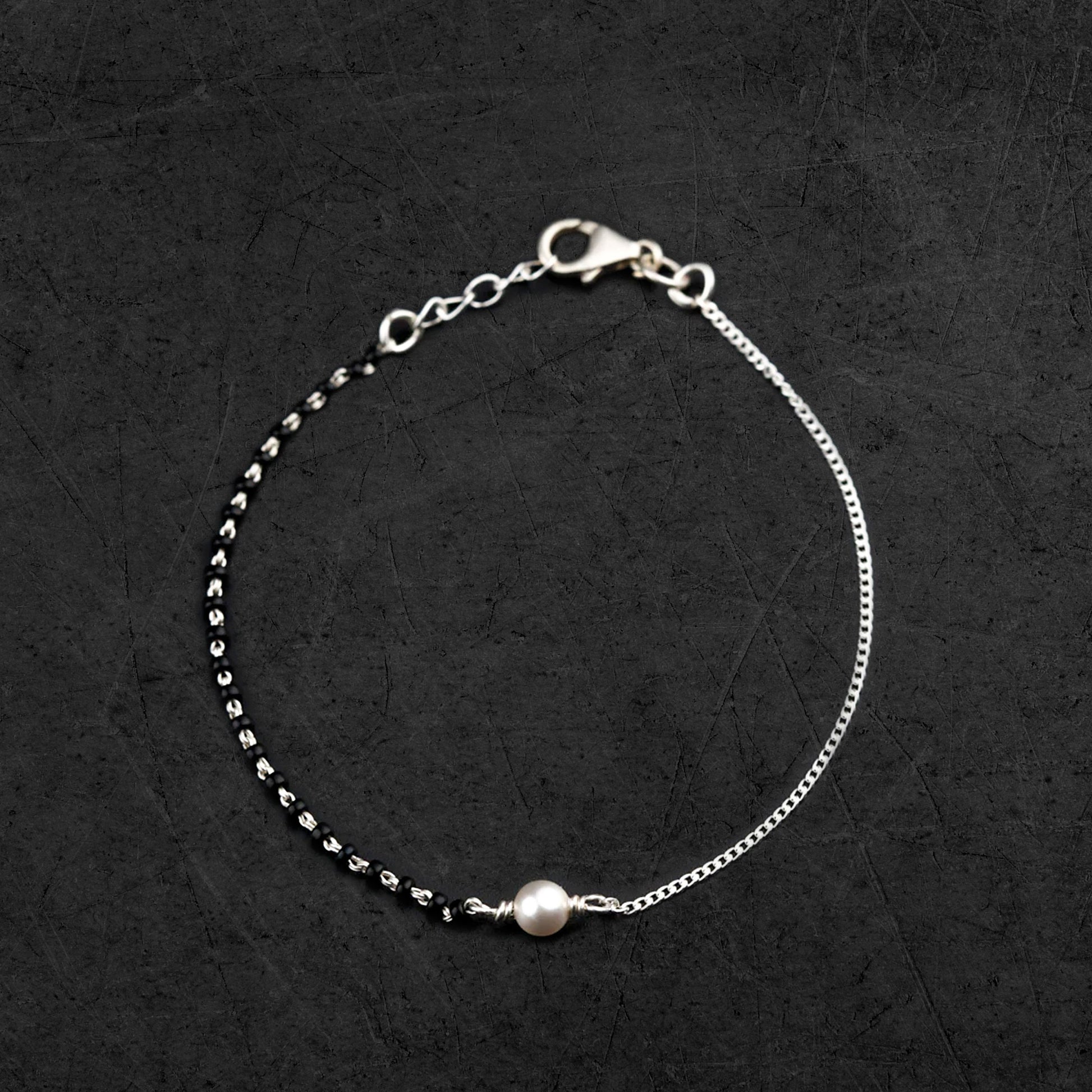 925 sterling silver pearl and black beaded chain bracelet Combo use bracelet or anklets, Mangalsutra bracelet mbr04 - TRIBAL ORNAMENTS