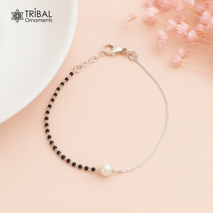 925 sterling silver bracelet with pearl and black beaded chain, versatile jewelry piece for bracelets, anklets, or mangalsutra.