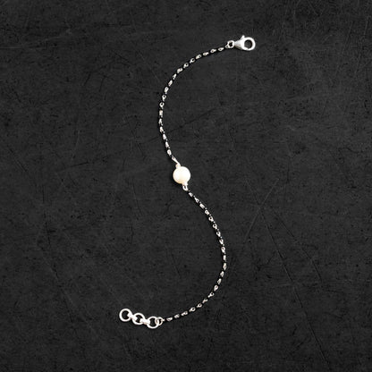 925 sterling silver bracelet with pearl and black beaded chain, versatile jewelry for wrist or ankle, tribal ornaments MBR06