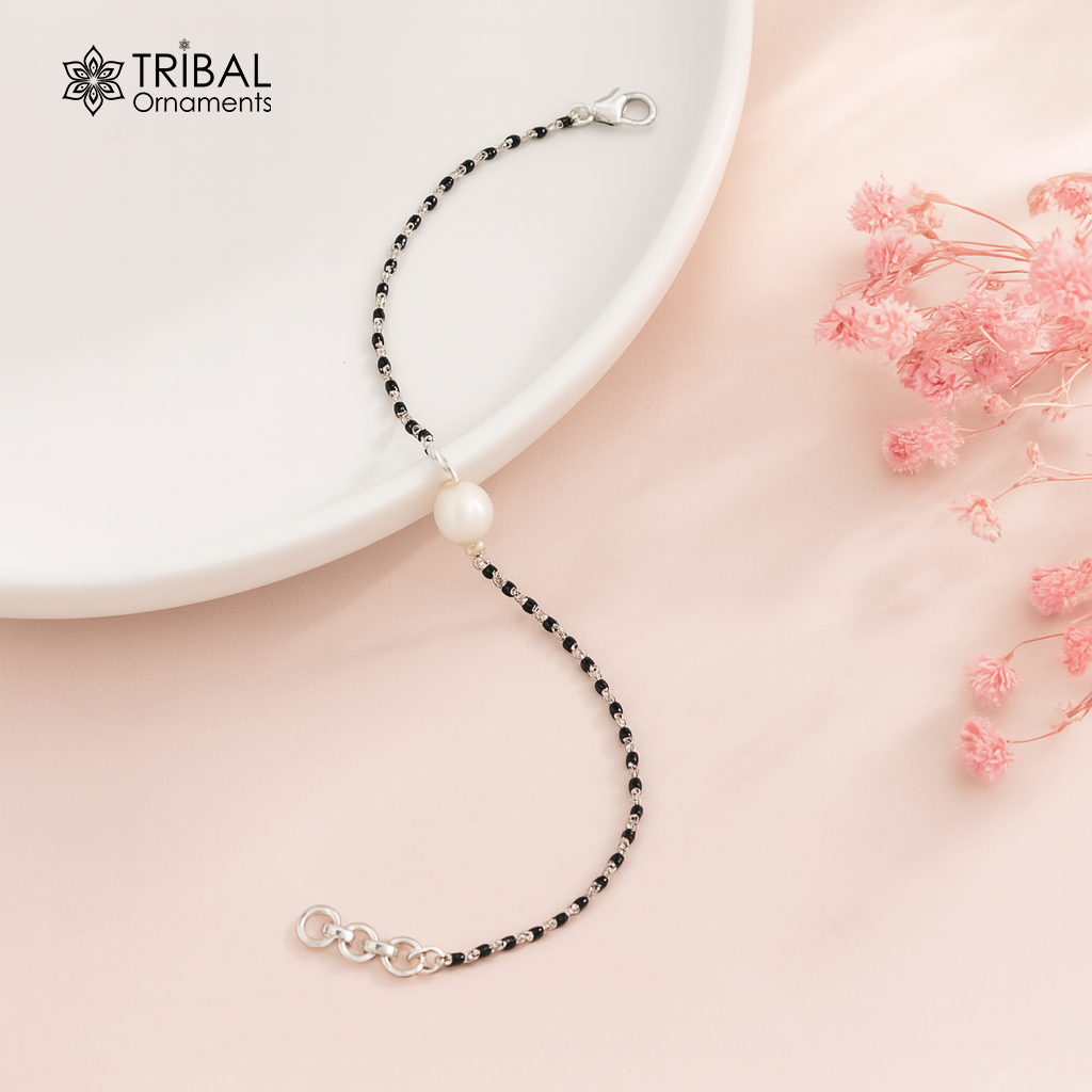 925 sterling silver pearl and black beaded chain bracelet Combo use bracelet or anklets, Mangalsutra bracelet mbr06 - TRIBAL ORNAMENTS