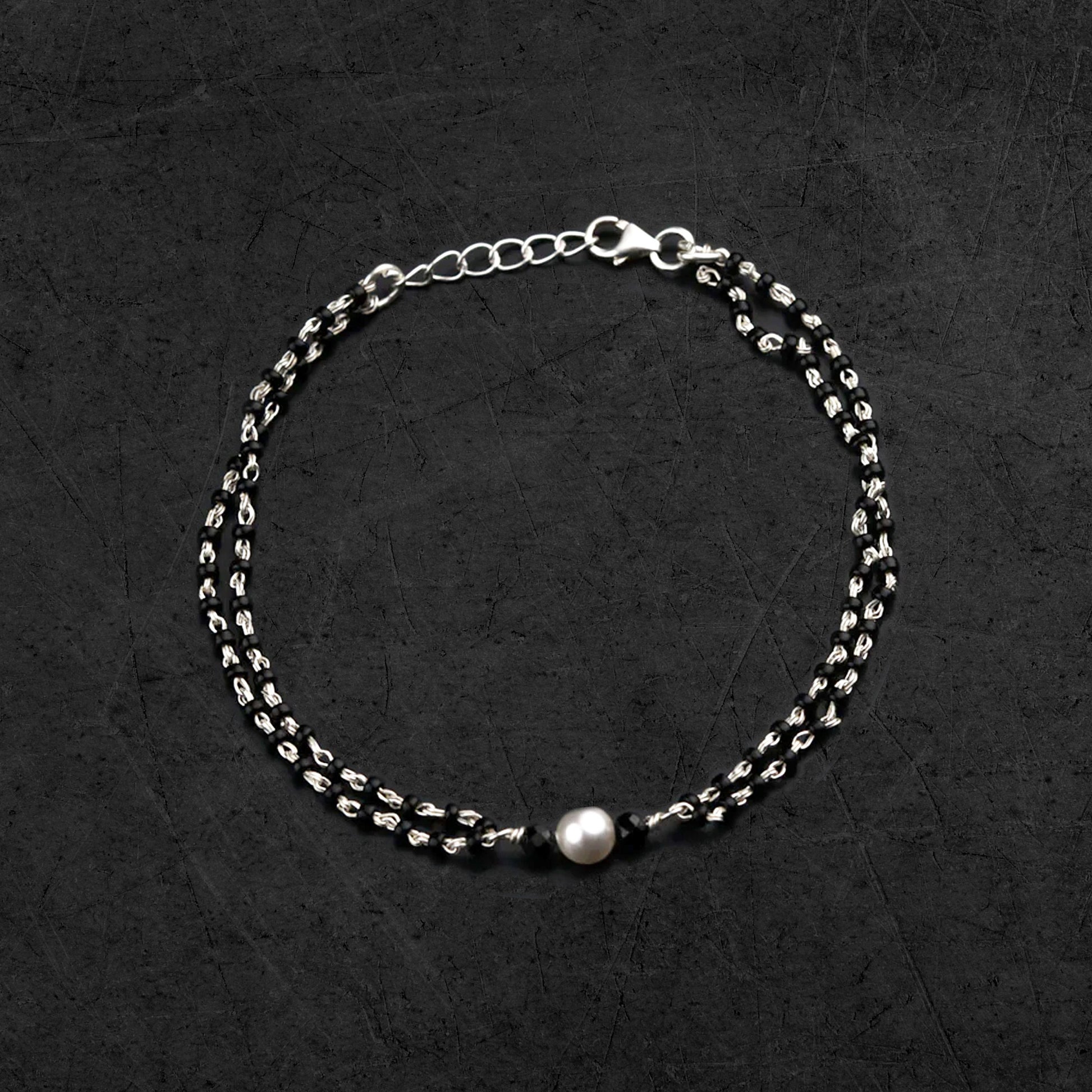 925 sterling silver pearl black beaded and duble chain bracelet Combo use bracelet or anklets, Mangalsutra bracelet mbr02 - TRIBAL ORNAMENTS