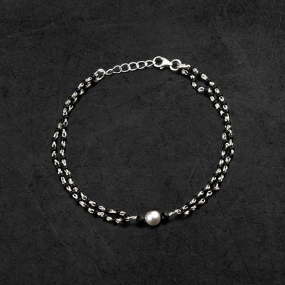 925 sterling silver bracelet with black beads, pearls, and double chains, versatile for use as bracelet, anklet, or mangalsutra.