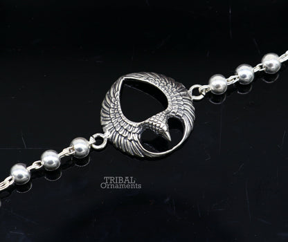 925 sterling silver Lord Garuda design Tulsi beaded bracelet Rakhi with basil rosary beads, handcrafted by Tribal Ornaments.