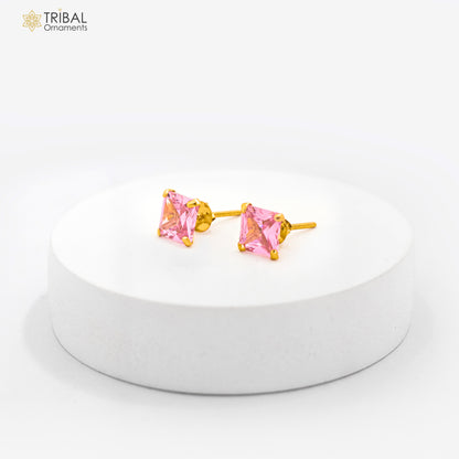 Exclusive 14kt yellow gold handmade single cubic zircon stone square shape stud earring cartilage customized unisex jewelry er180 - TRIBAL ORNAMENTS