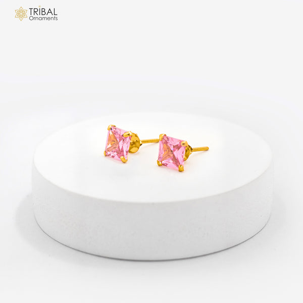 Exclusive 14kt yellow gold handmade single cubic zircon stone square shape stud earring cartilage customized unisex jewelry er180 - TRIBAL ORNAMENTS