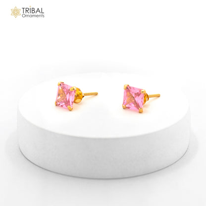 Exclusive 14kt yellow gold handmade single cubic zircon stone square shape stud earring cartilage customized unisex jewelry er180 - TRIBAL ORNAMENTS