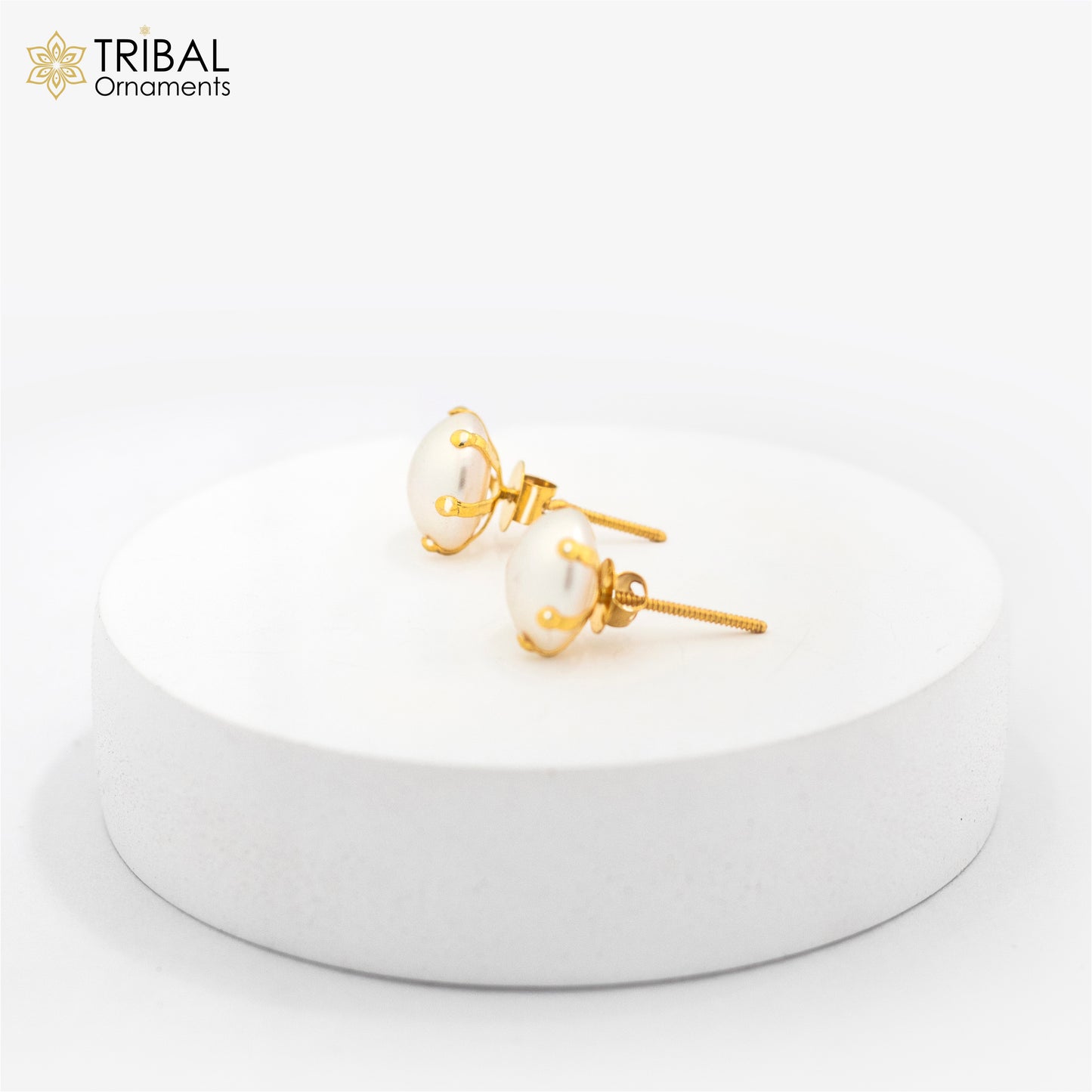 Exclusive round pearl 14kt yellow gold fabulous stud earring for unisex jewelry from india er182 - TRIBAL ORNAMENTS
