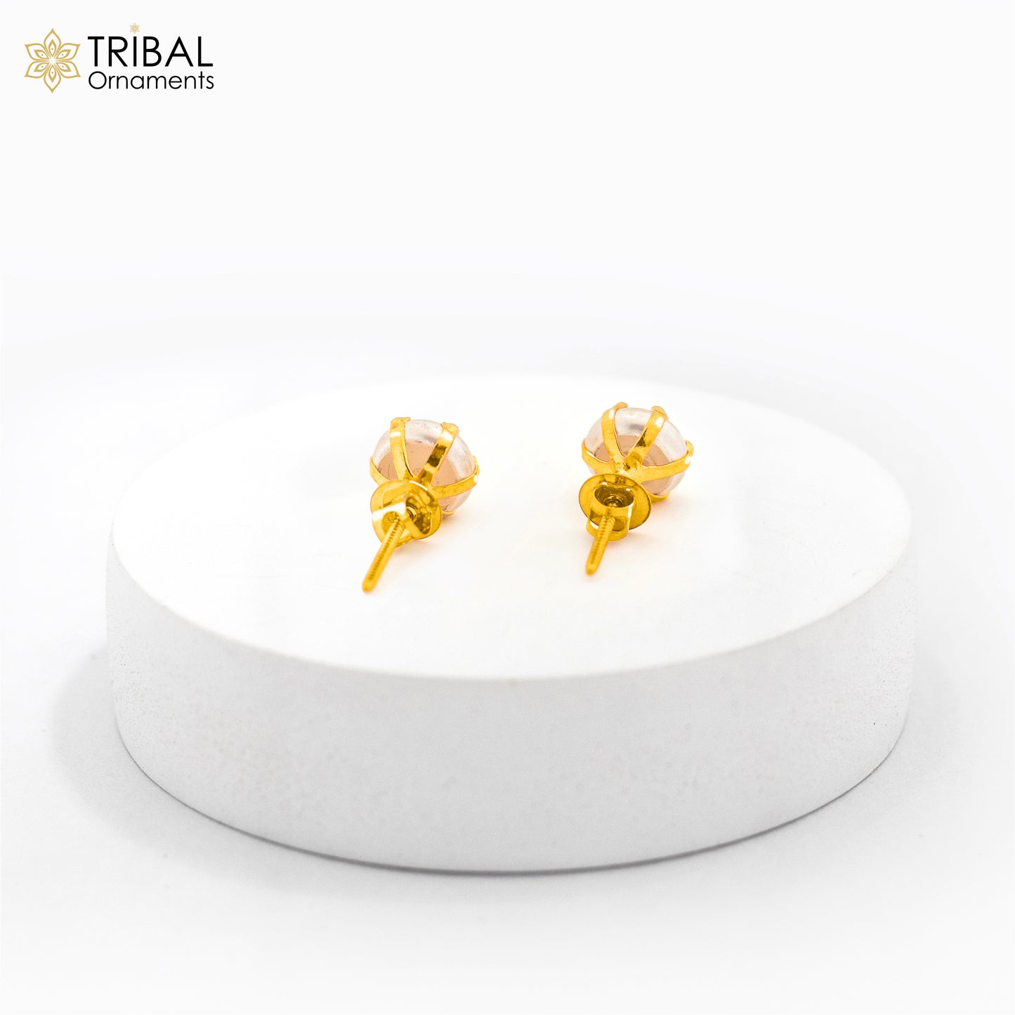 Exclusive round pearl 14kt yellow gold fabulous stud earring for unisex jewelry from india er182 - TRIBAL ORNAMENTS