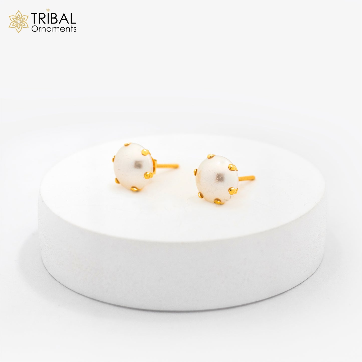 Exclusive round pearl 14kt yellow gold fabulous stud earring for unisex jewelry from india er182 - TRIBAL ORNAMENTS