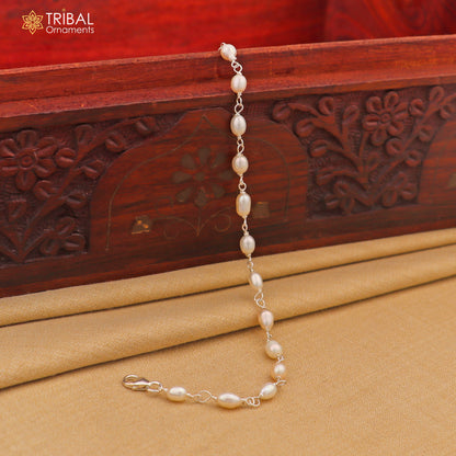 925 silver handmade beaded bracelet with natural pearl, unisex design, customizable jewelry from TRIBAL ORNAMENTS.
