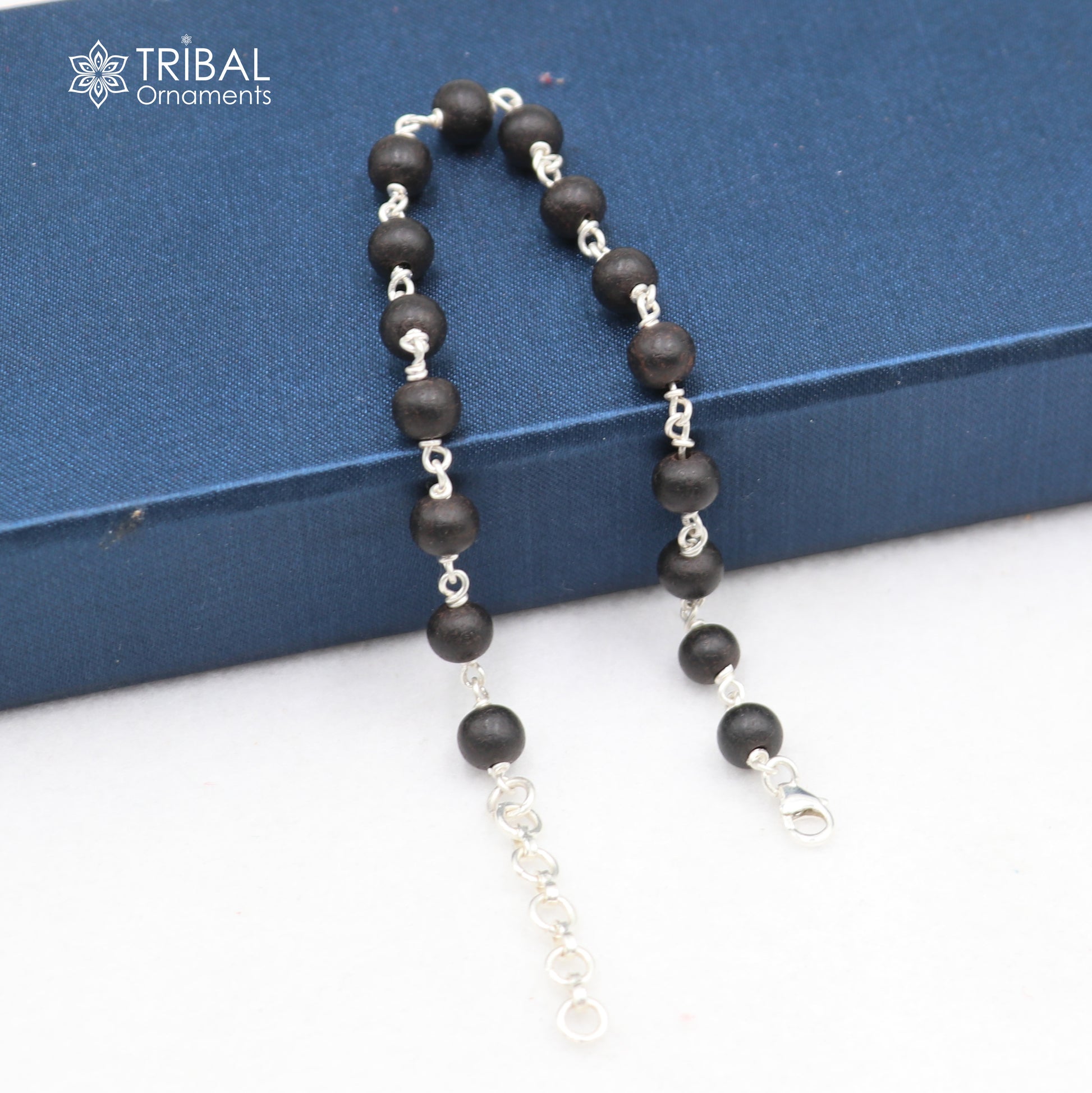 925 Sterling silver karungali black beads bracelet for unisex jewelry sbr783 - TRIBAL ORNAMENTS